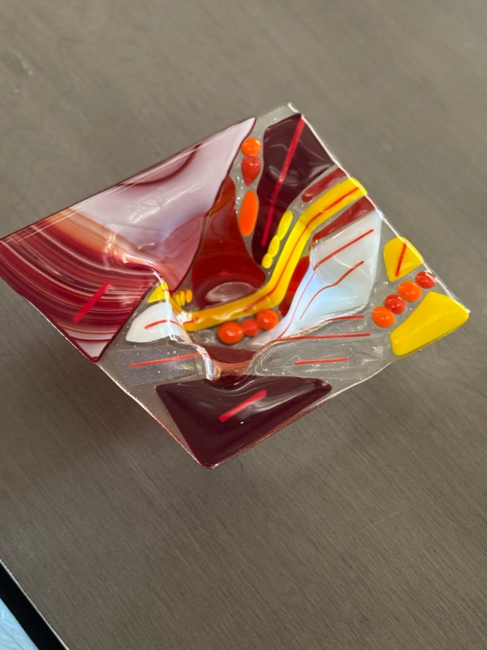 Source Unknown Fused Glass Art Dish in Burgundy, Yellow, Orange and White